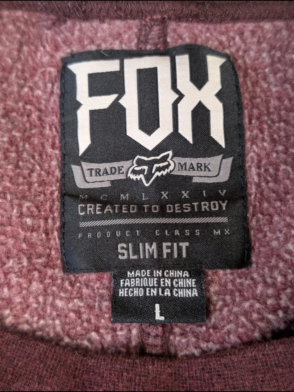 Y2K Fox Crew Neck‎ Moto Sweatshirt Men's L Maroon Front Pocket Metal Logo
